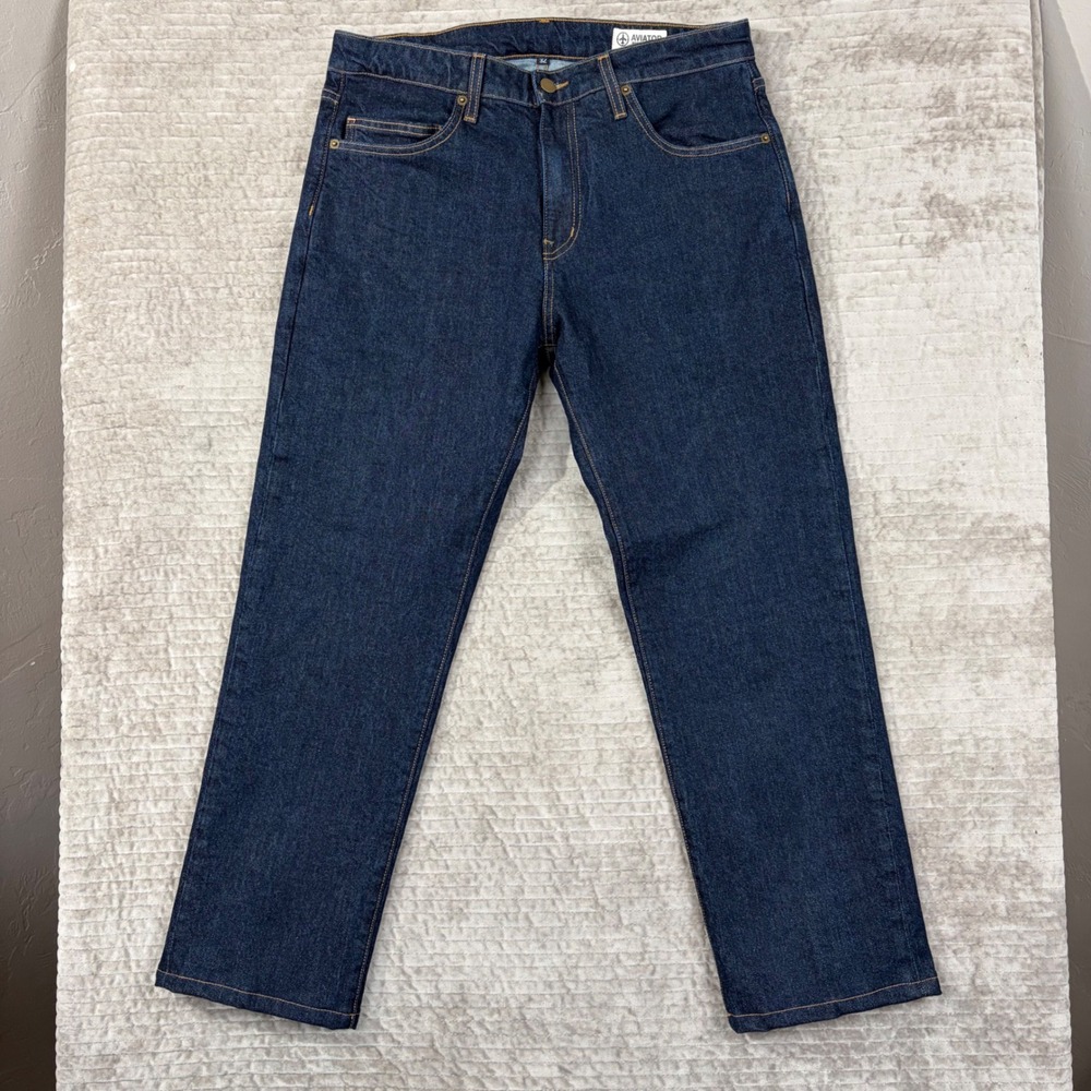 Aviator Best Travel Jeans 32 Relaxed Straight Dark Indigo Made in USA Stretch